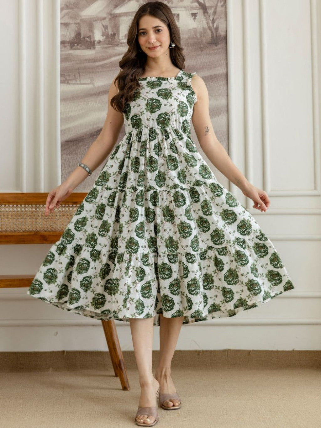 Floral Charm Green Midi Dress