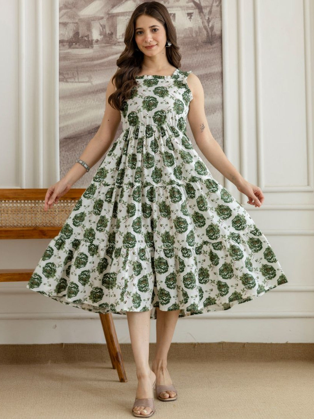Floral Charm Green Midi Dress