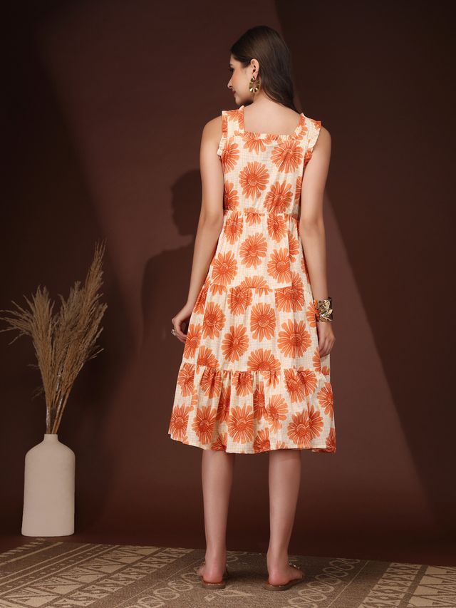 Sunset Bloom Orange Floral Midi Dress