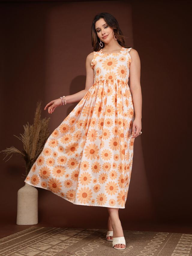 Elegant Orange Floral Fit & Flare Maxi Dress