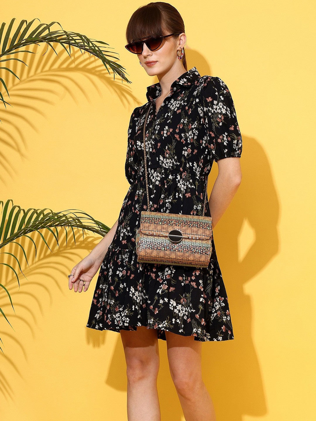 Black Bloom Fit and Flare Mini Dress