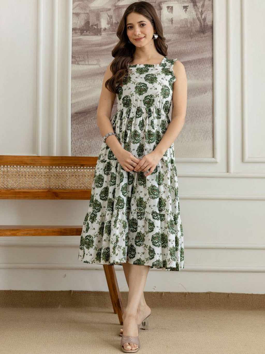 Floral Charm Green Midi Dress