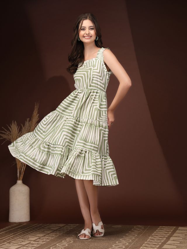 Emerald Bloom Geometric Print Midi Dress