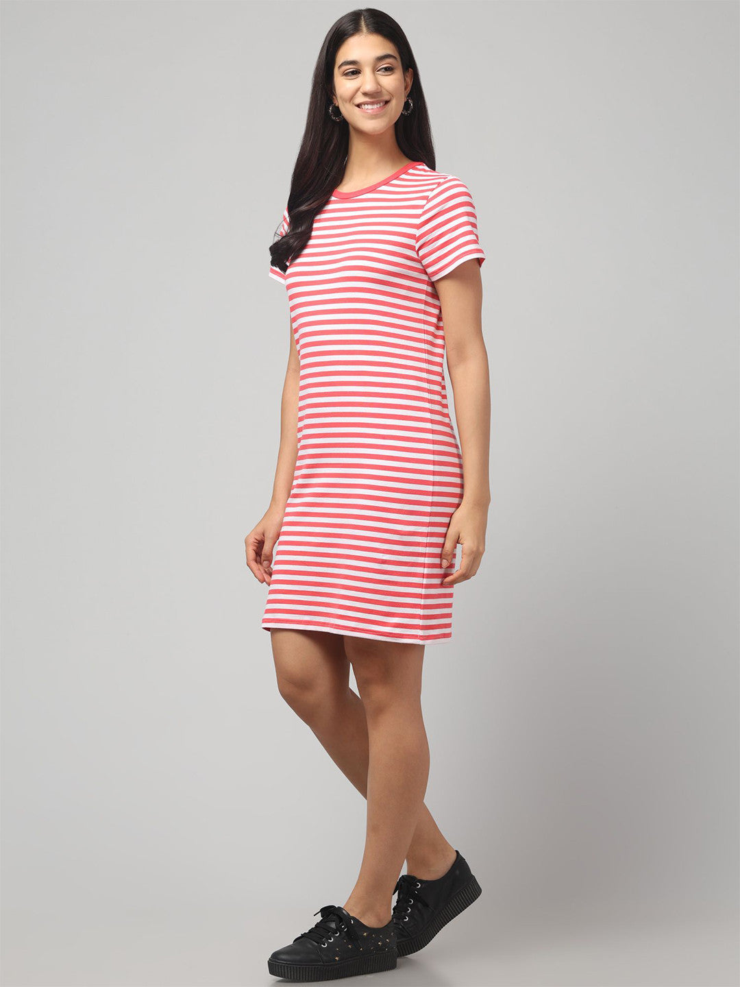 Trendy Red Striped T-Shirt Dress