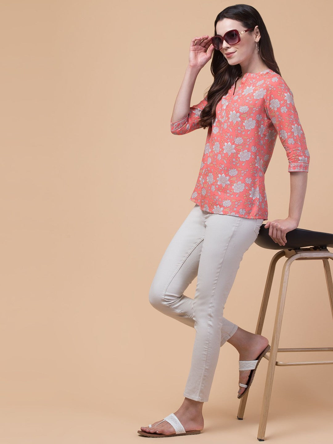 Peach Floral V-neck Top