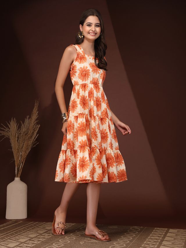 Sunset Bloom Orange Floral Midi Dress