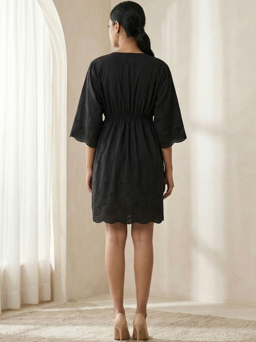Chic Black Self Design A-Line Mini Dress
