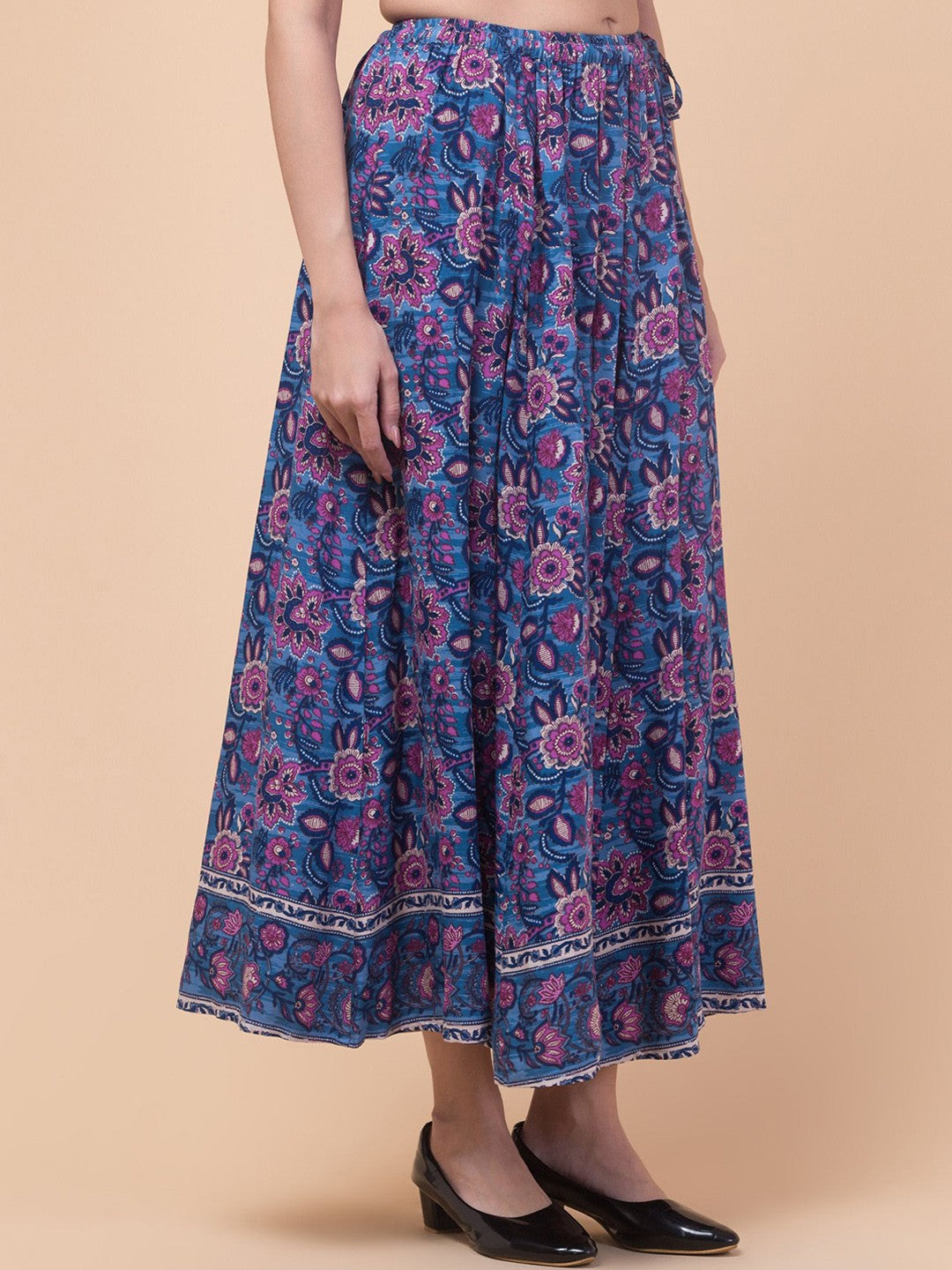 Blue Floral print Flared Maxi Skirt