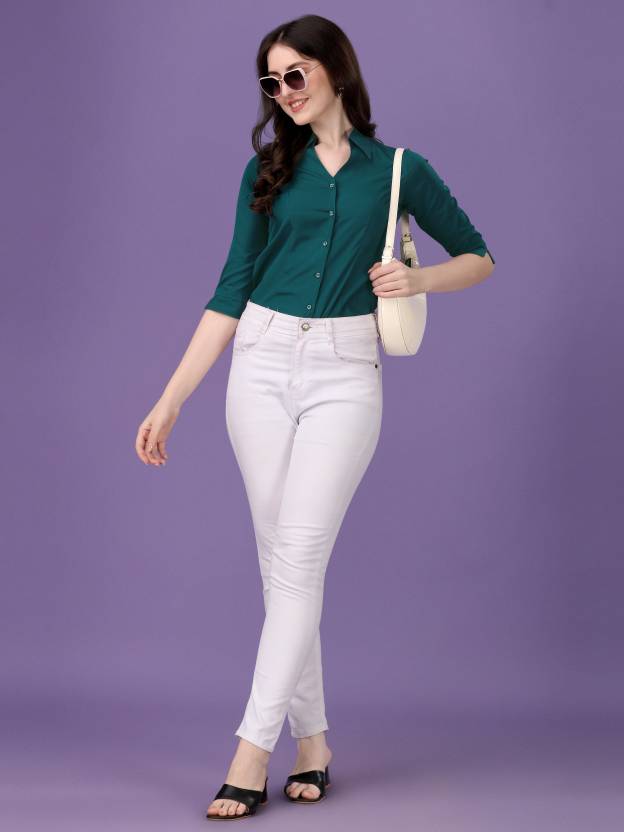 Green Crepe 3/4th Sleeve Shirt