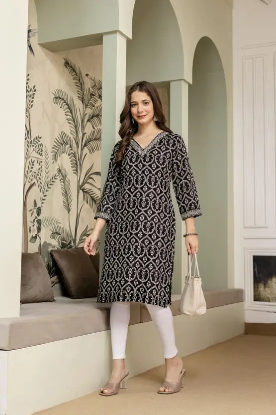 Classic Geo Charm Black Rayon Kurta