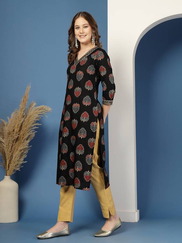 Floral Grace Black V-Neck Straight Kurta