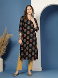 Floral Grace Black V-Neck Straight Kurta