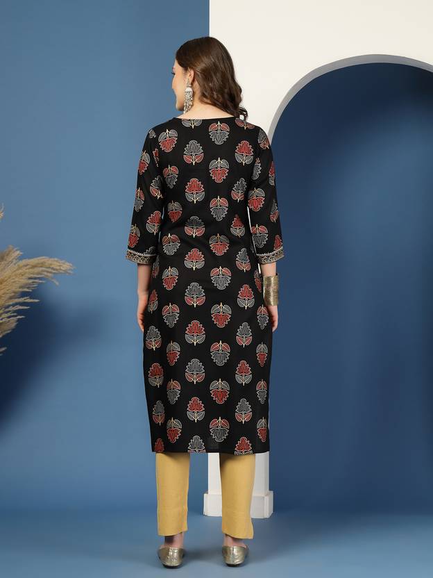 Floral Grace Black V-Neck Straight Kurta