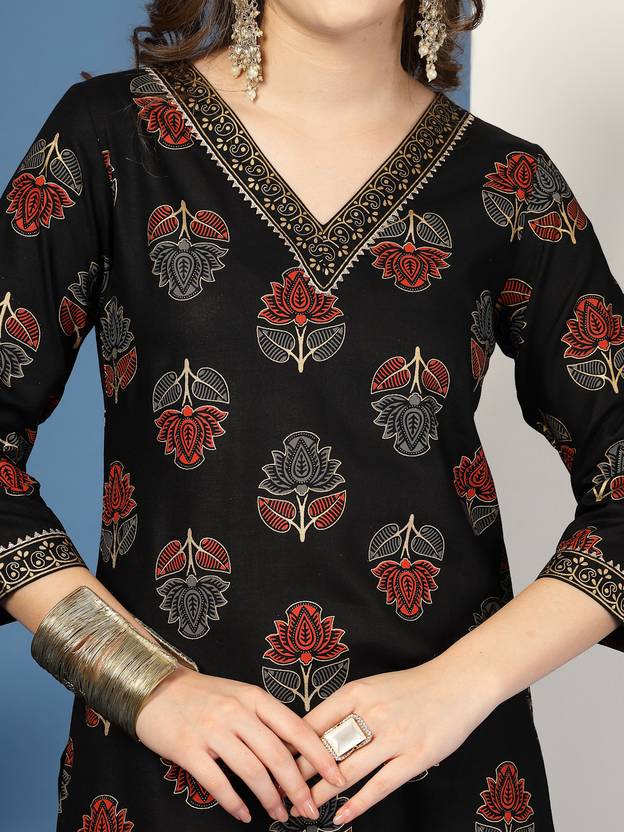 Floral Grace Black V-Neck Straight Kurta