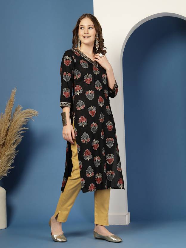 Floral Grace Black V-Neck Straight Kurta