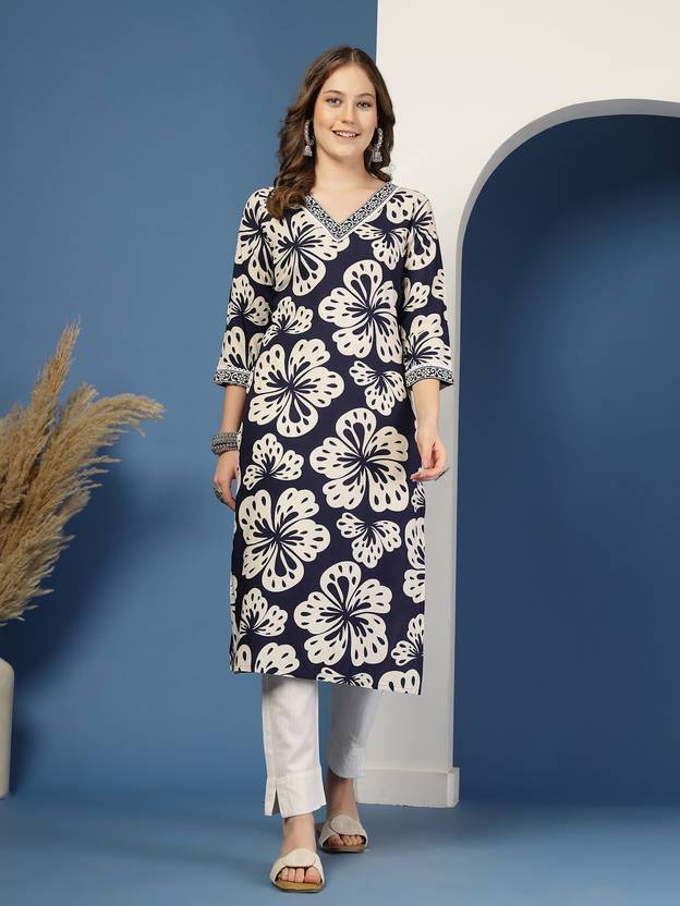 Serene Blue Floral Straight Kurta