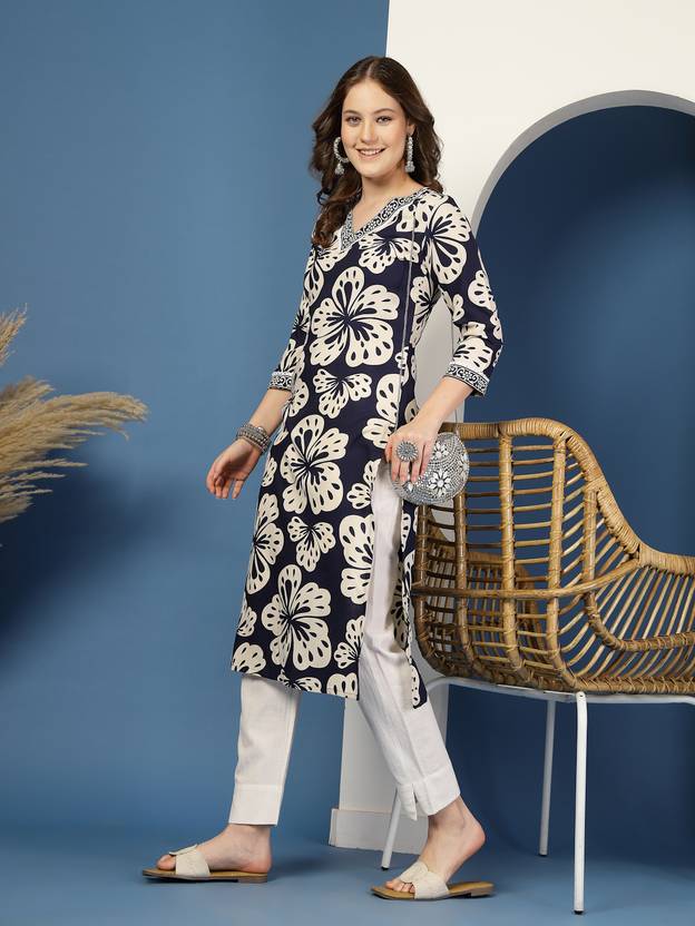 Serene Blue Floral Straight Kurta