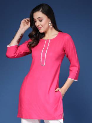 Pink Solid  Round Neck Straight Kurta