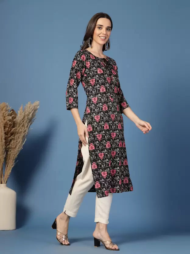 Classy Black Floral V Neck Tie-up Kurta