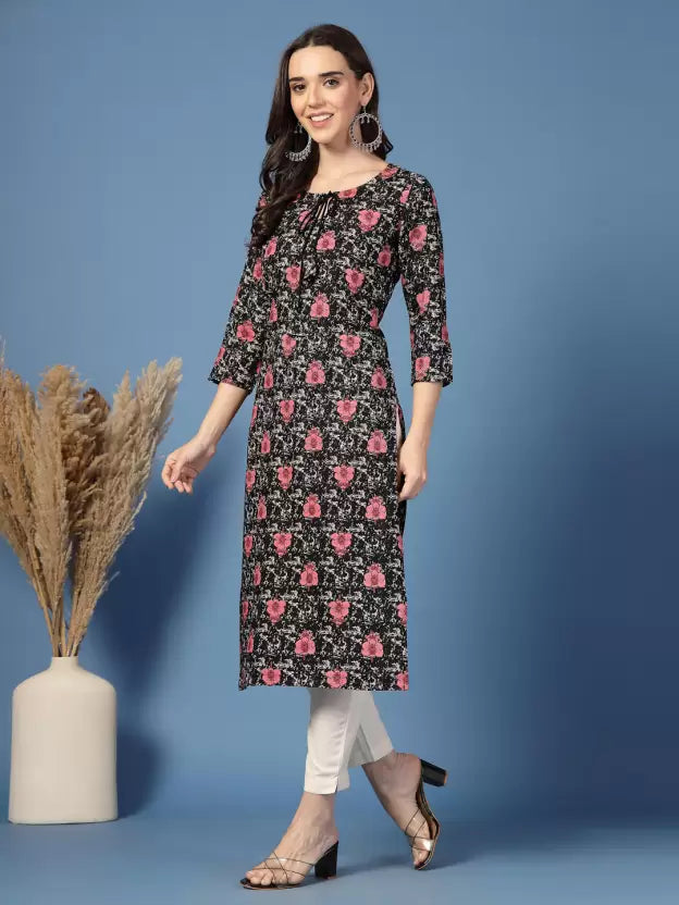 Classy Black Floral V Neck Tie-up Kurta