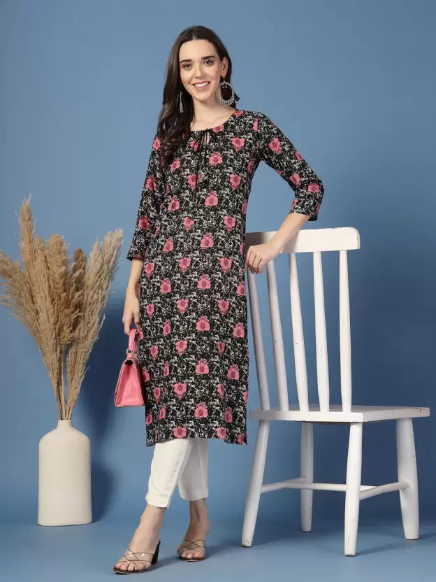 Classy Black Floral V Neck Tie-up Kurta