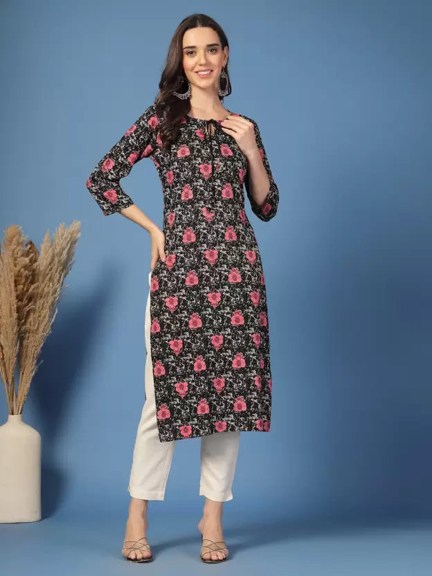 Classy Black Floral V Neck Tie-up Kurta