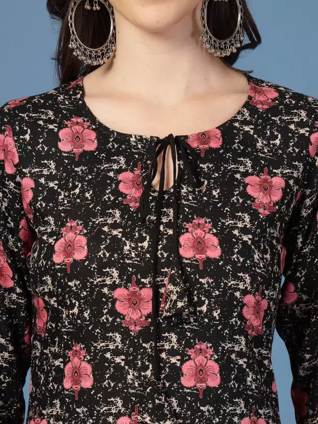 Classy Black Floral V Neck Tie-up Kurta
