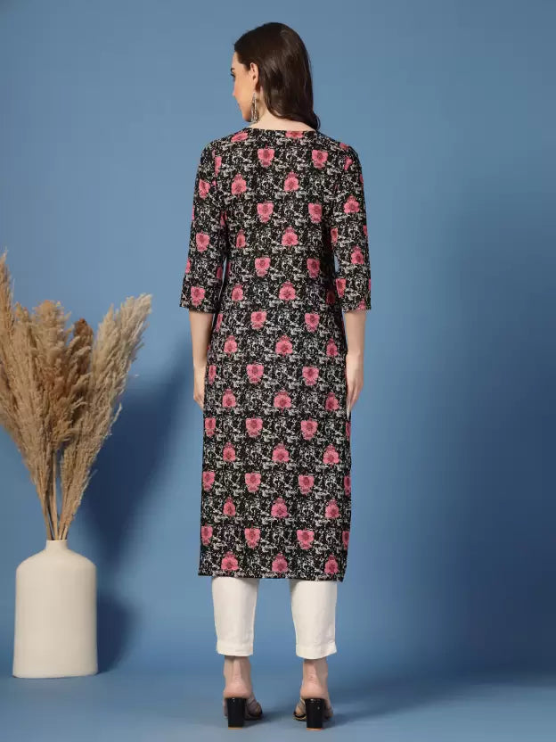 Classy Black Floral V Neck Tie-up Kurta