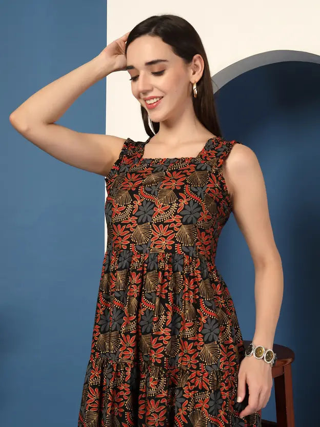 Noir Charm Printed Midi Dress