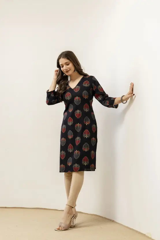 Timeless Charm Black Rayon Straight Kurta