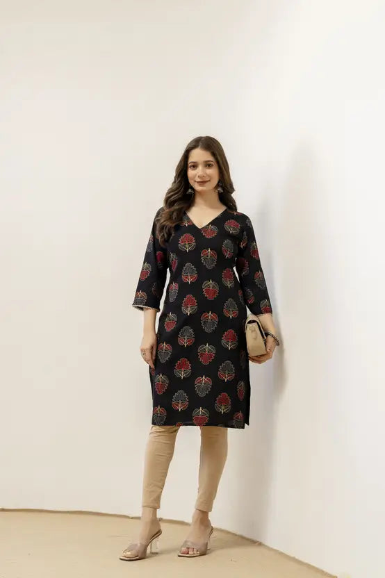 Timeless Charm Black Rayon Straight Kurta