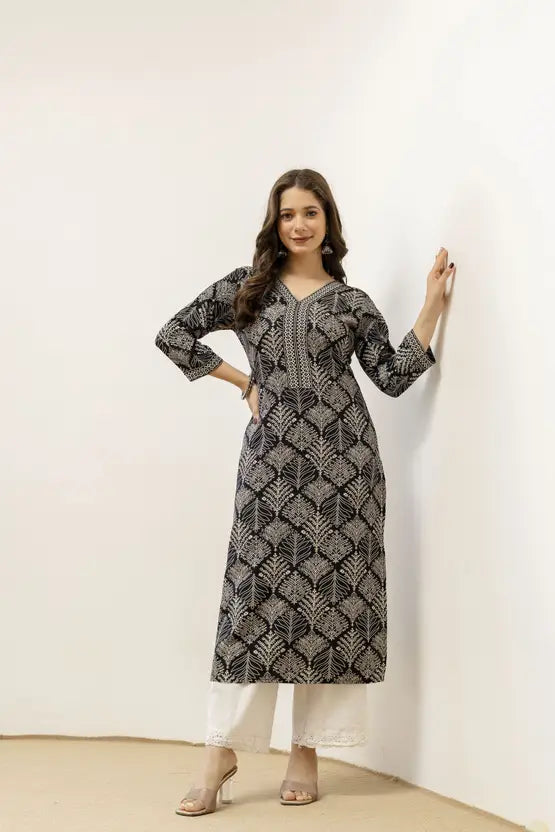 Noir Elegance Floral Straight Kurta
