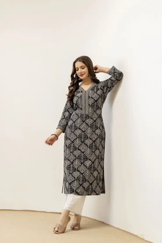 Noir Elegance Floral Straight Kurta