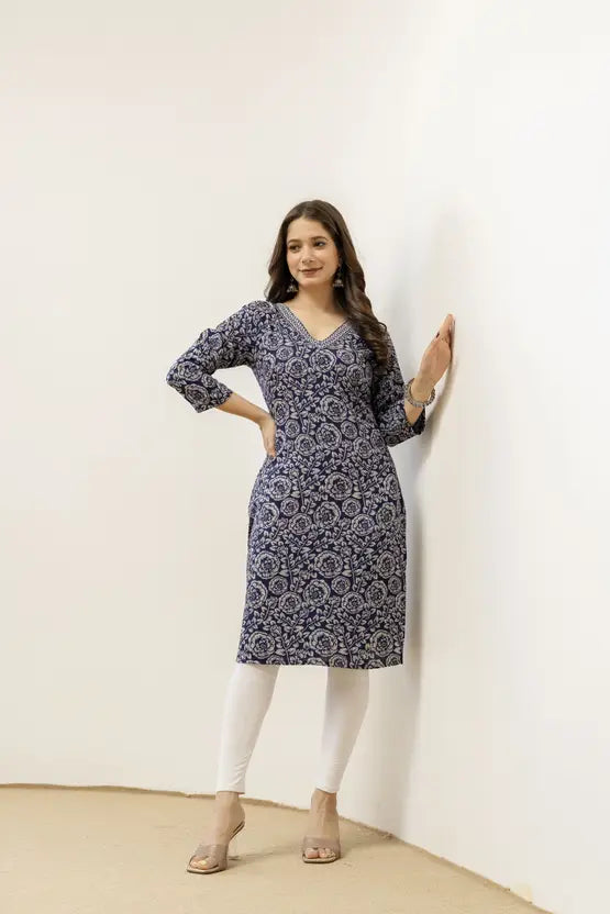 Classic Floral Blue Rayon Kurta