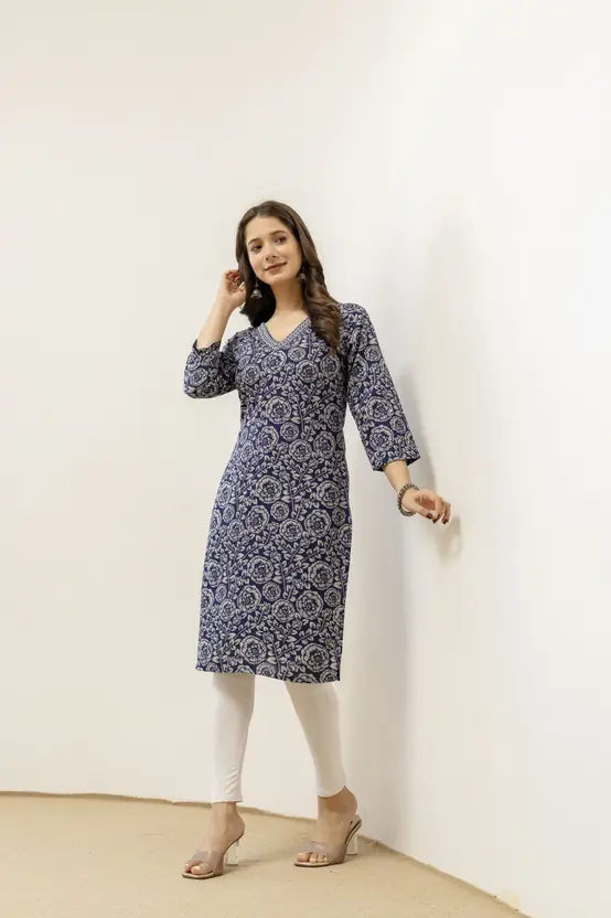 Classic Floral Blue Rayon Kurta