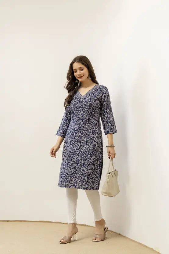 Classic Floral Blue Rayon Kurta