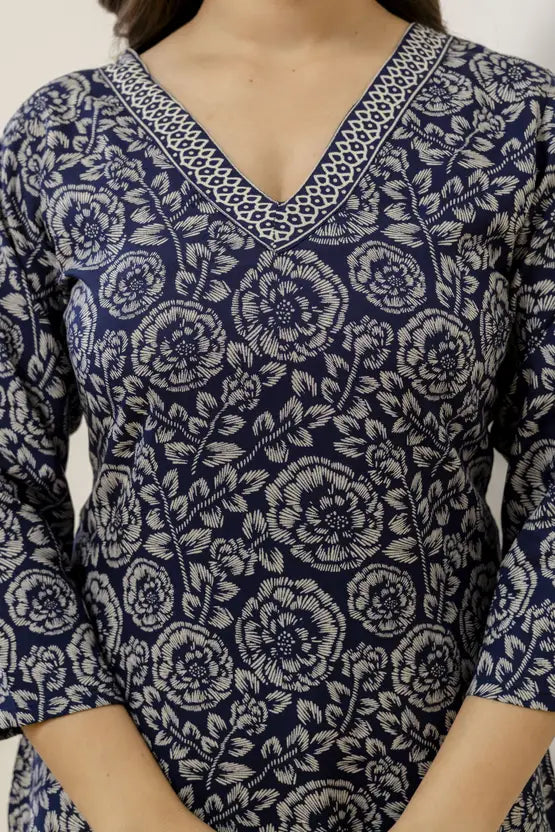 Classic Floral Blue Rayon Kurta