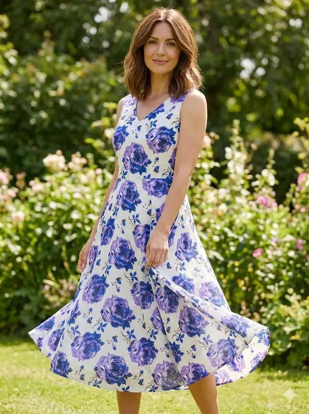 Chic Bloom Purple Floral Midi Dress