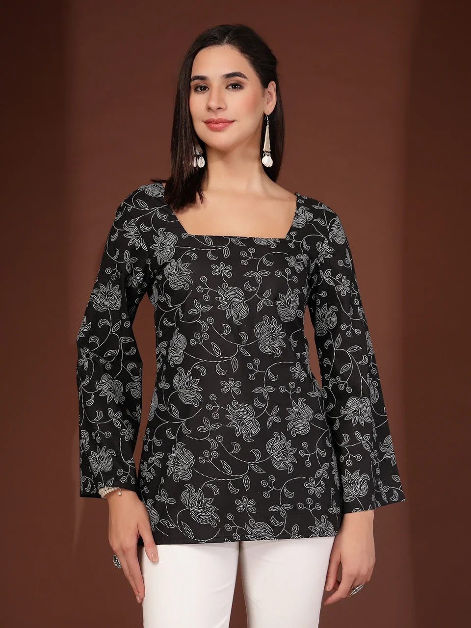 Black Blossom Floral Print Short Kurta