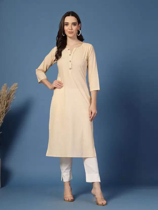 Beige Solid Cotton V Neck Kurta