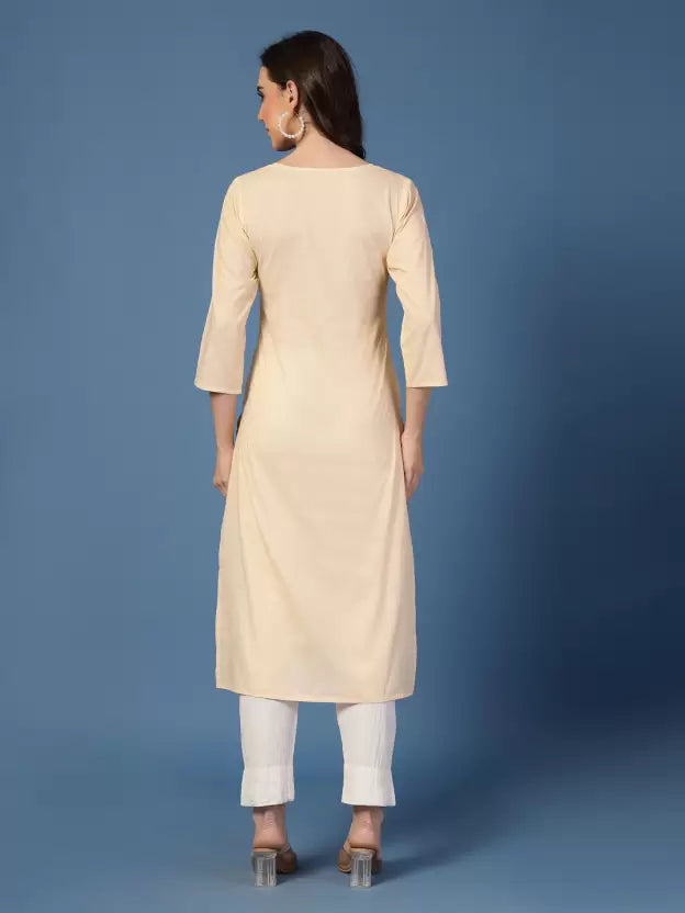 Beige Solid Cotton V Neck Kurta