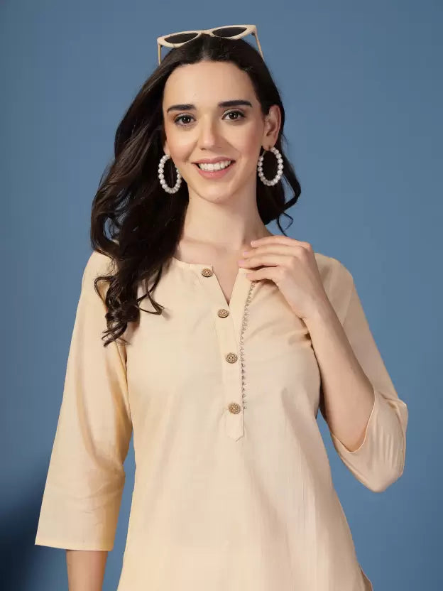 Beige Solid Cotton V Neck Kurta