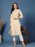 Beige Solid Cotton V Neck Kurta