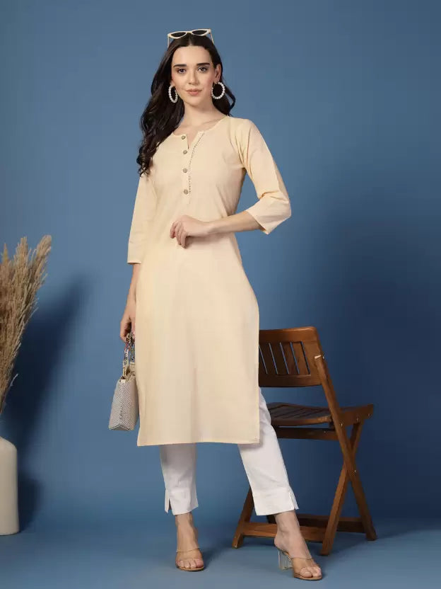 Beige Solid Cotton V Neck Kurta