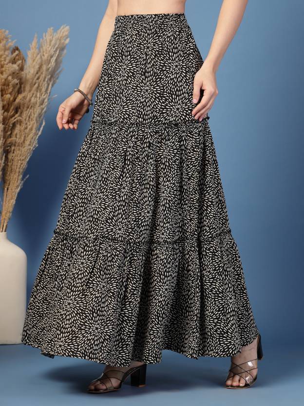 Black Flared Printed Skirt