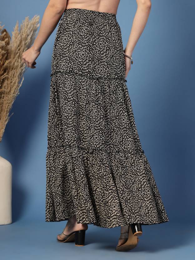 Black Flared Printed Skirt