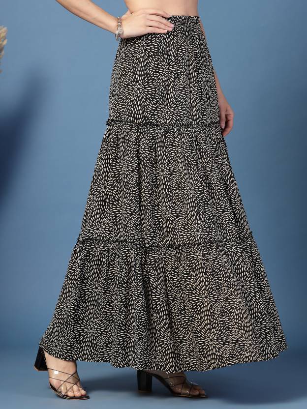 Black Flared Printed Skirt