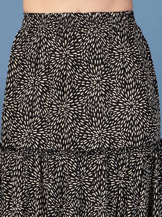 Black Flared Printed Skirt
