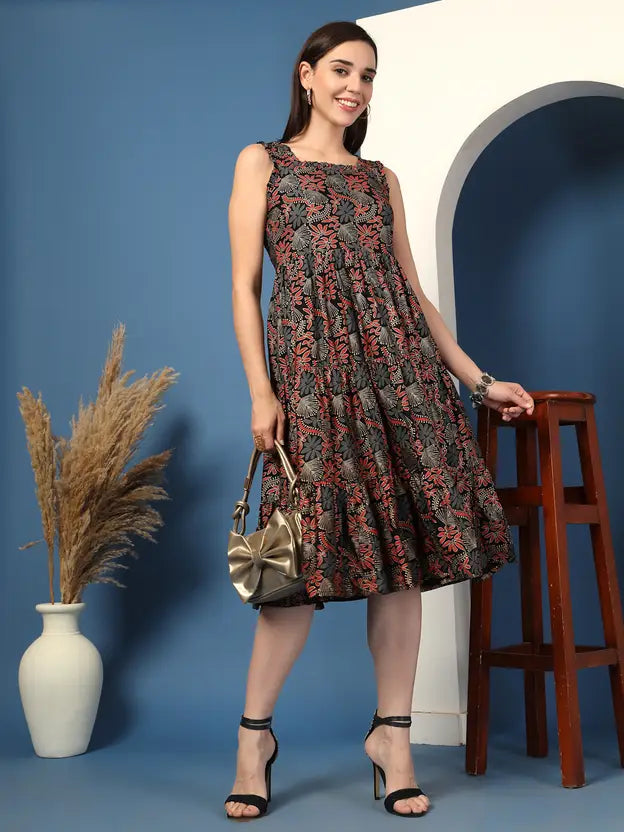 Noir Charm Printed Midi Dress