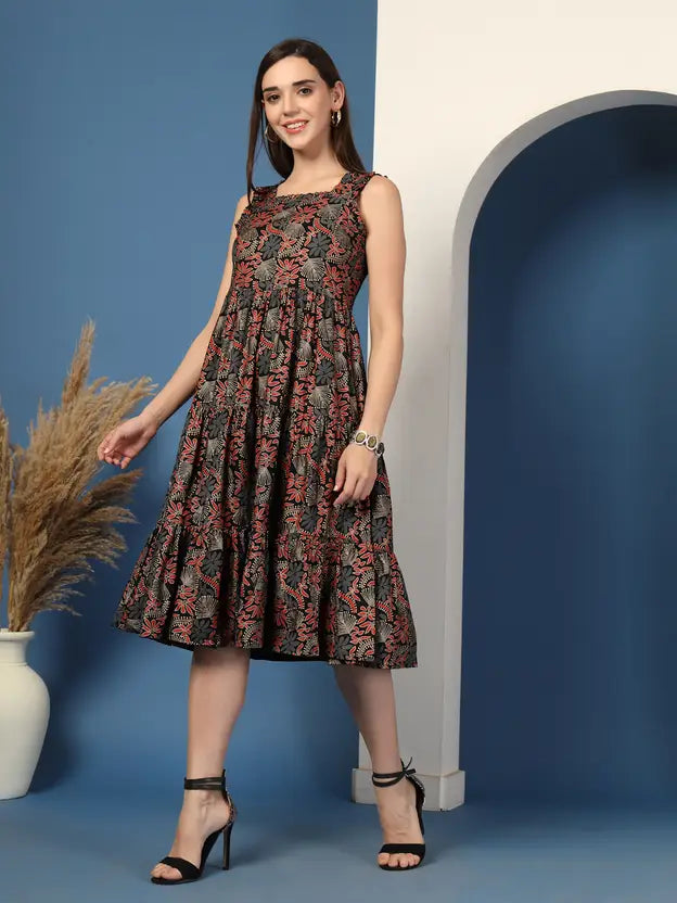 Noir Charm Printed Midi Dress